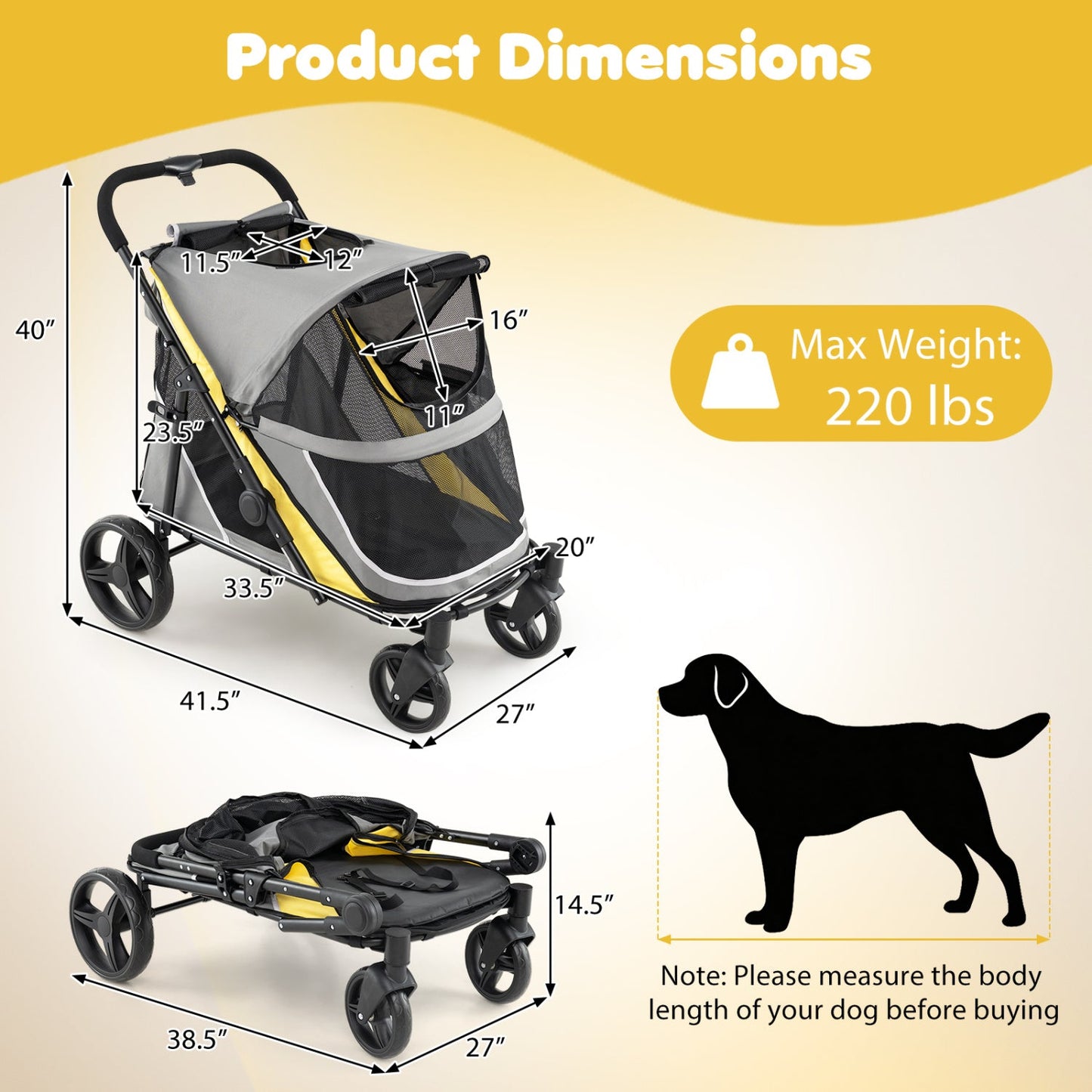 Heavy Duty Dog Stroller DirectDeals gray/yellow, 220 lb capacity, two views on Tampa Home & Garden Store