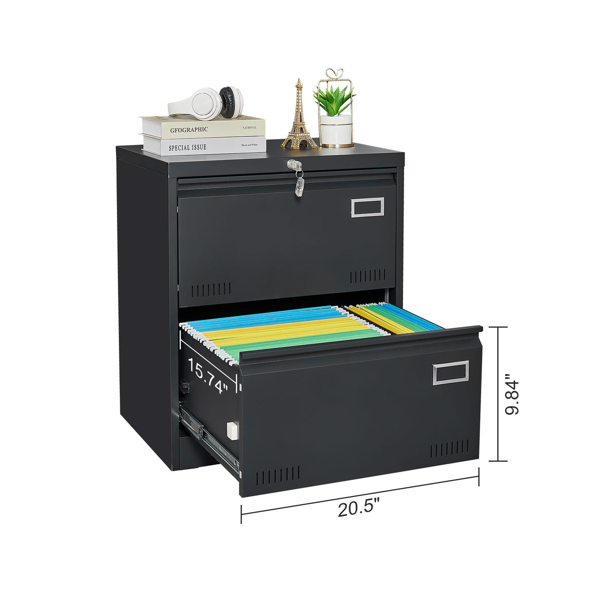 Black metal lateral filing cabinet with lock, 2 drawers and colorful hanging files on Tampa Home & Garden Store