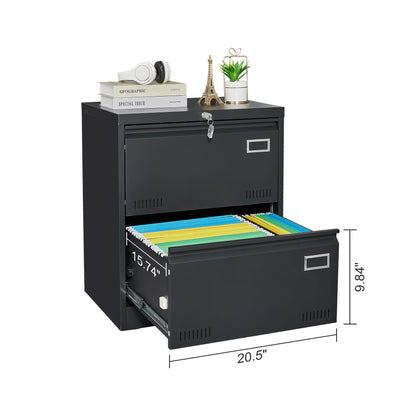 Black metal lateral filing cabinet with lock, 2 drawers and colorful hanging files on Tampa Home & Garden Store