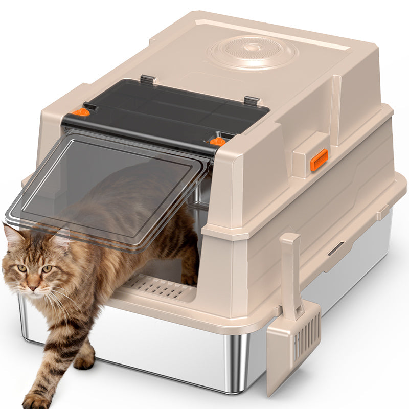 Stainless steel cat litter box big size with beige enclosure and clear door, cat exiting on Tampa Home & Garden Store