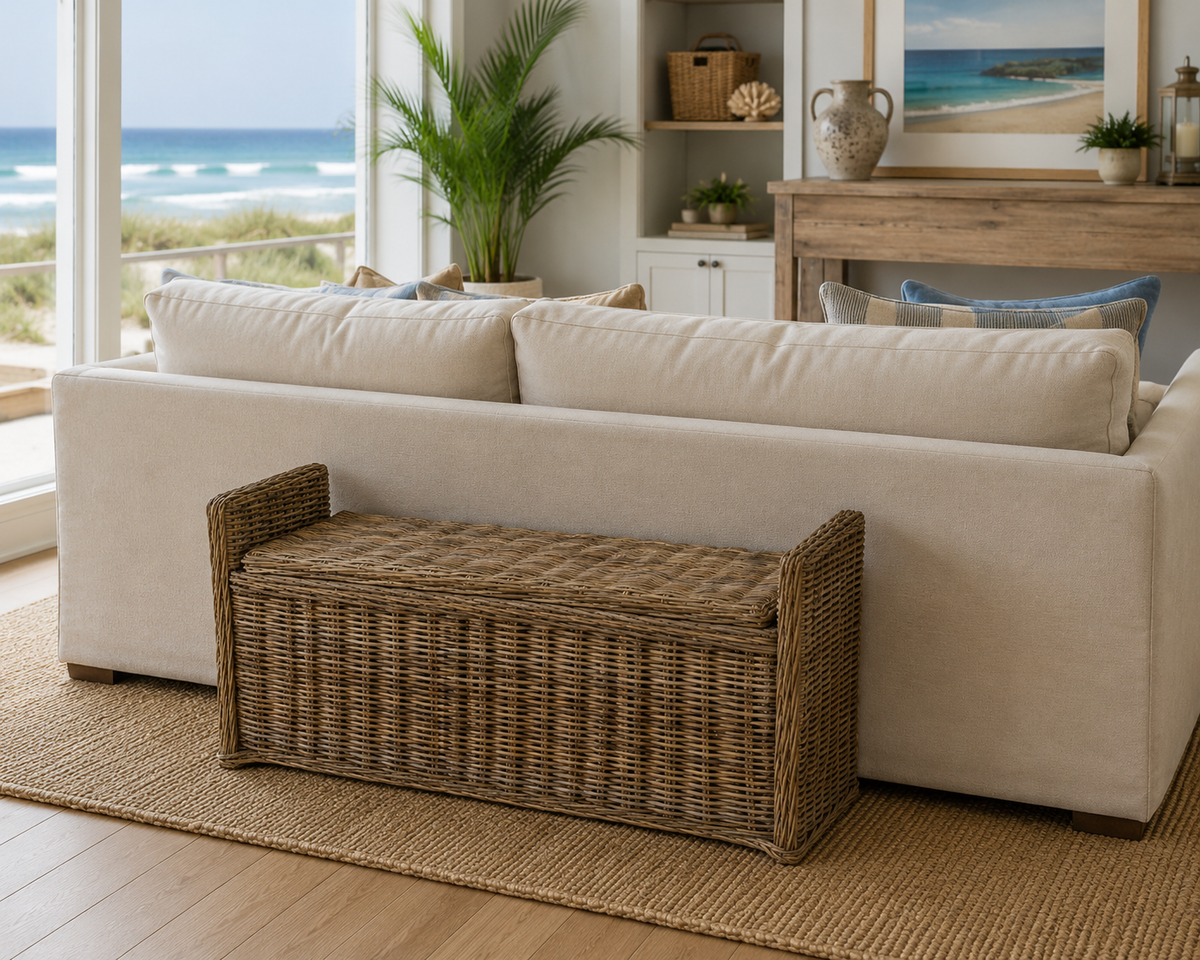 Key Largo Rattan Storage Bench brown woven wicker storage chest for living room on Tampa Home & Garden Store
