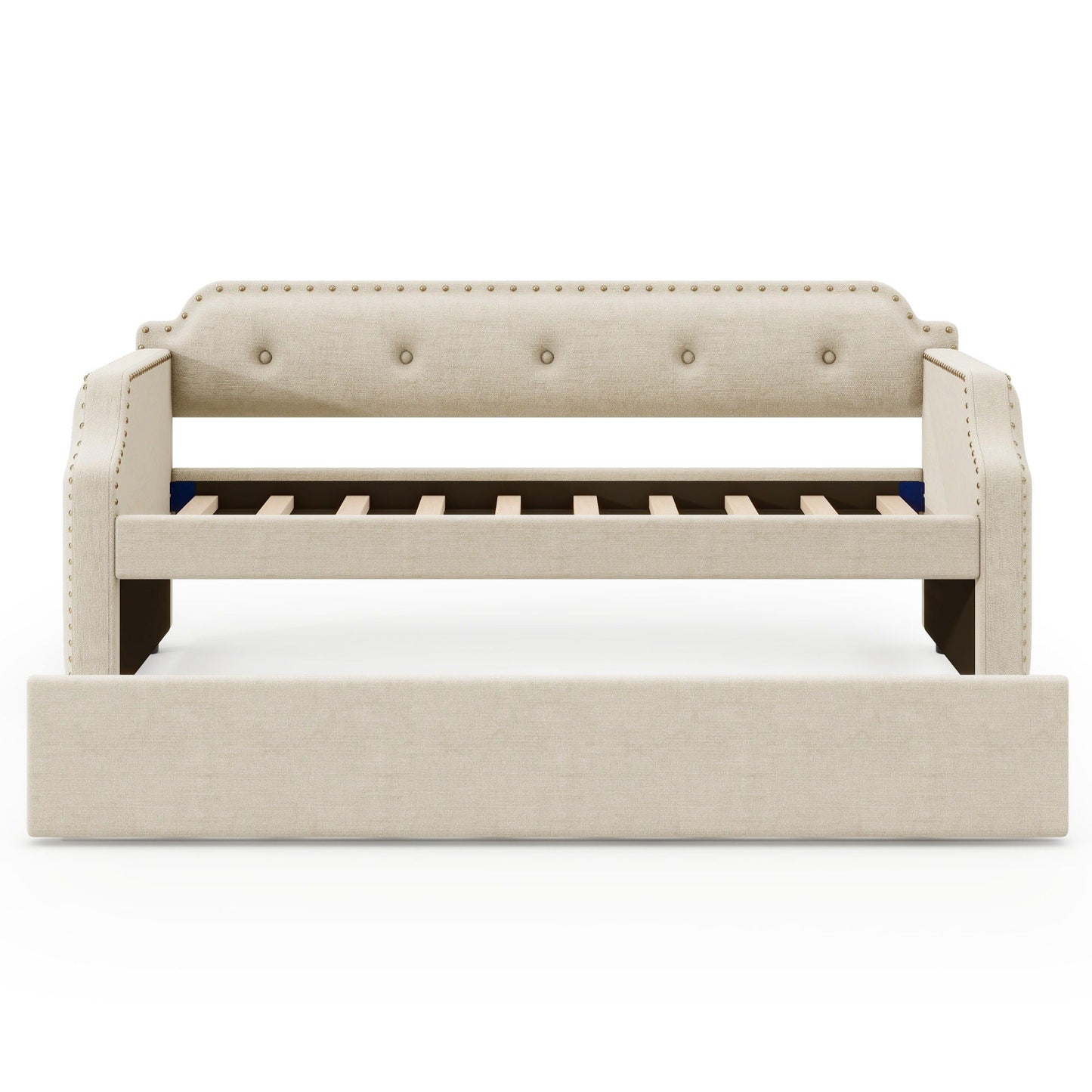 Upholstered daybed with trundle in beige fabric, nailhead trim along back and arms HouseOfZazla on Tampa Home & Garden Store