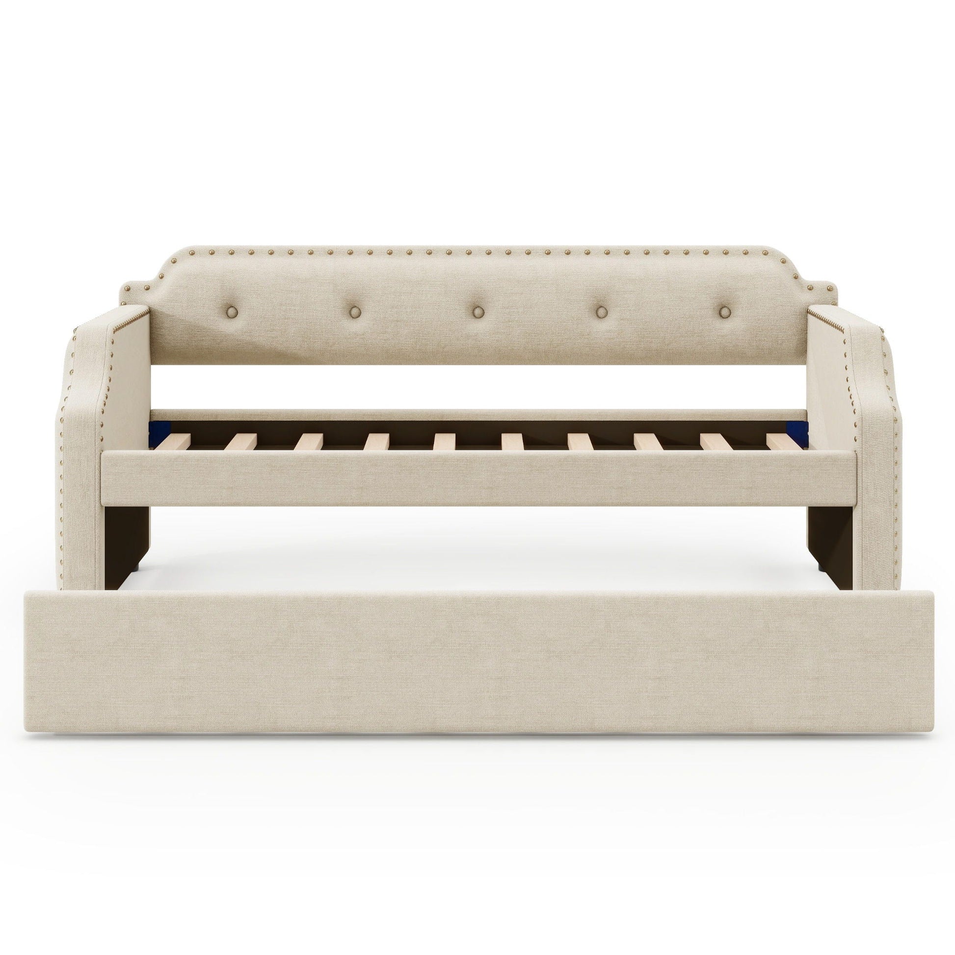 Upholstered daybed with trundle in beige fabric, nailhead trim along back and arms HouseOfZazla on Tampa Home & Garden Store