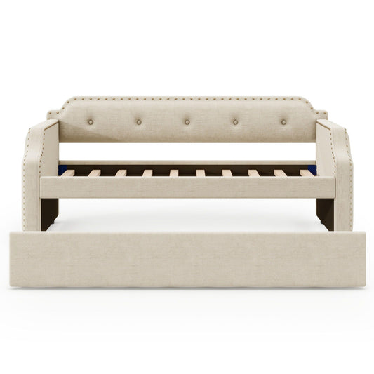 Upholstered daybed with trundle in beige fabric, nailhead trim along back and arms HouseOfZazla on Tampa Home & Garden Store