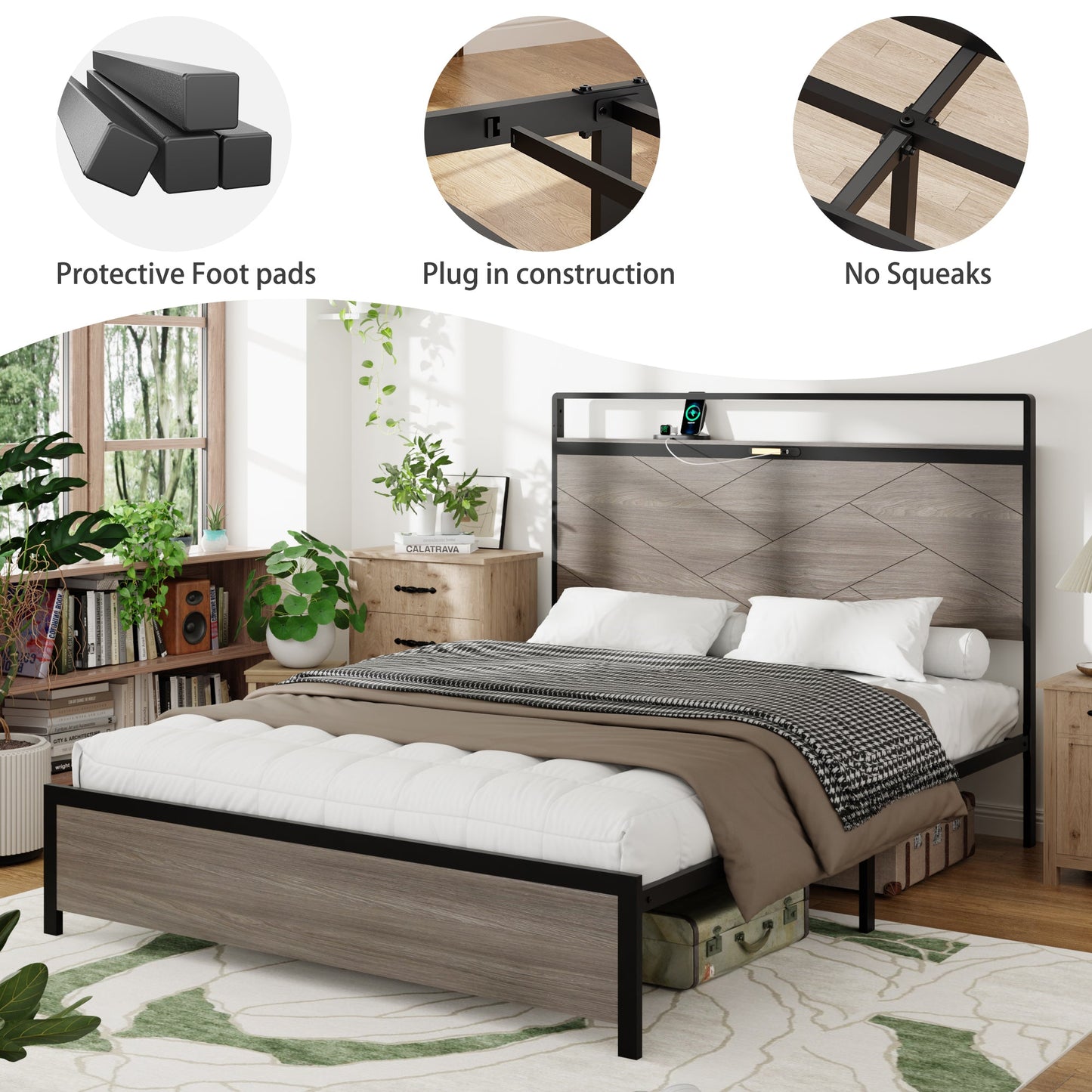 Antique Platform Bed Frame and Led Headboard