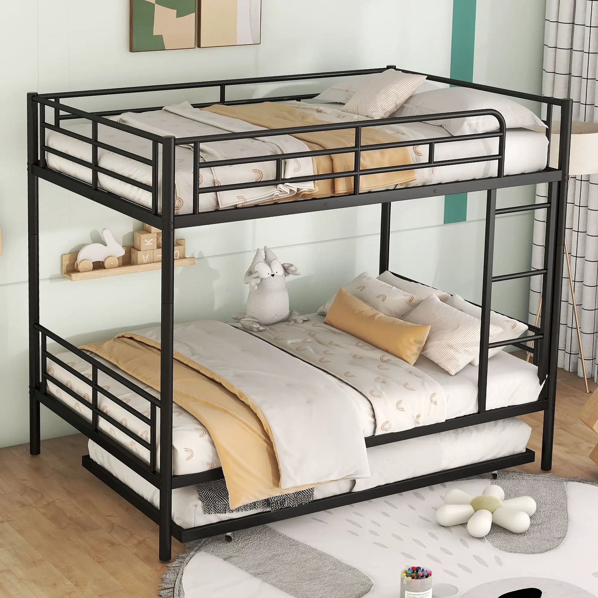 Two-tier black steel bunk bed with beige bedding by Unique Piece Furniture on Tampa Home & Garden Store