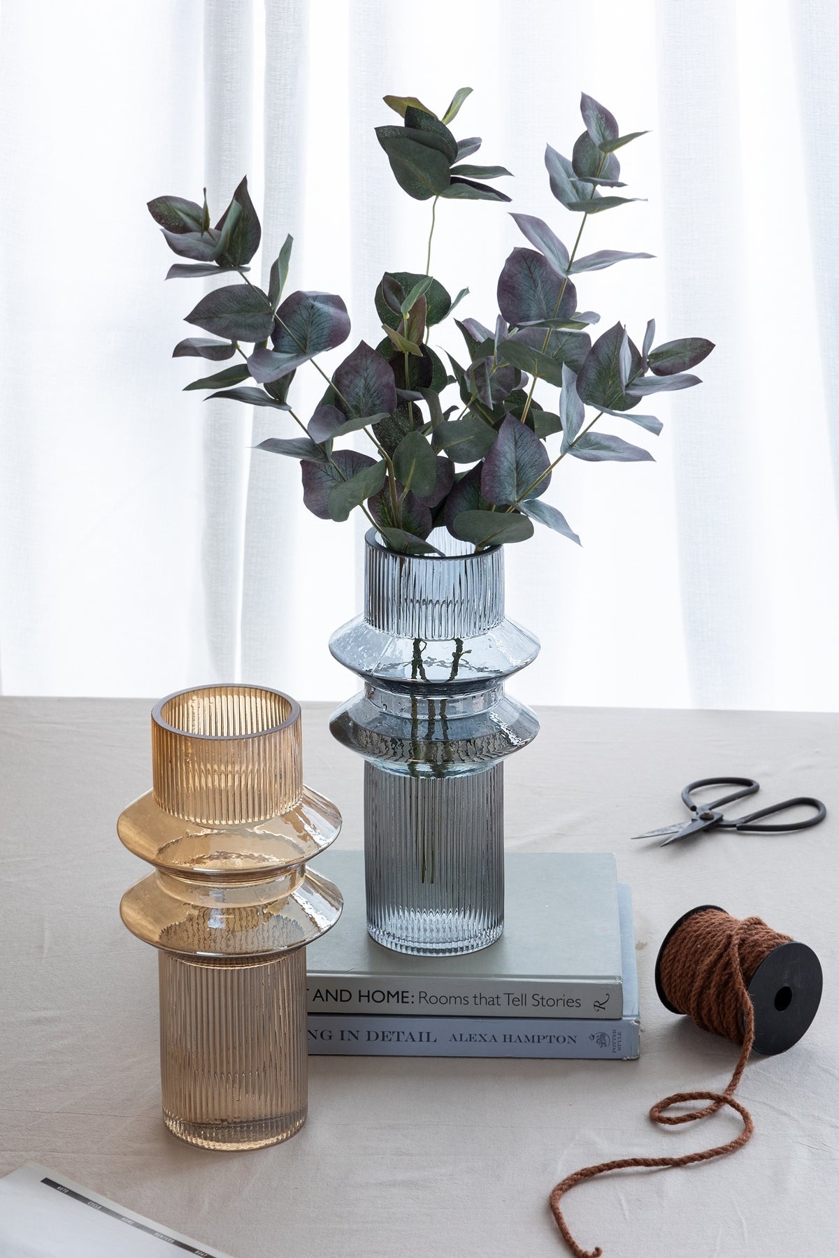 Clear Blue Glass Ribbed Accent Vases Set of 2