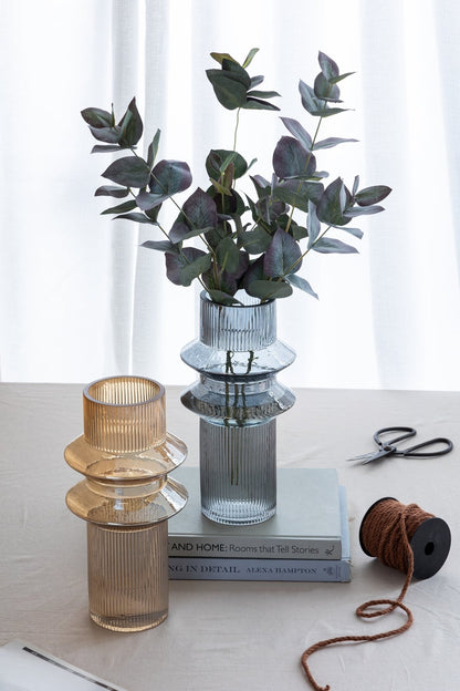 Clear Blue Glass Ribbed Accent Vases Set of 2