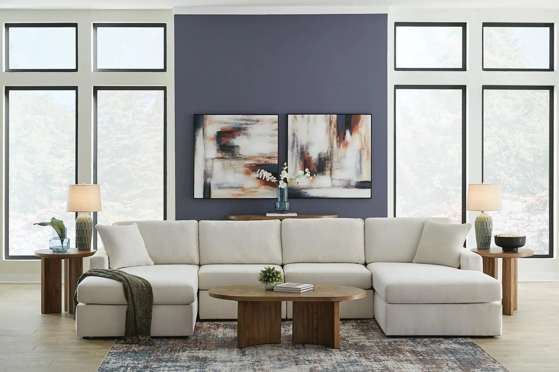 Modmax Oyster Sectional by Unique Piece Furniture, cream stationary sofa in bright living room on Tampa Home & Garden Store