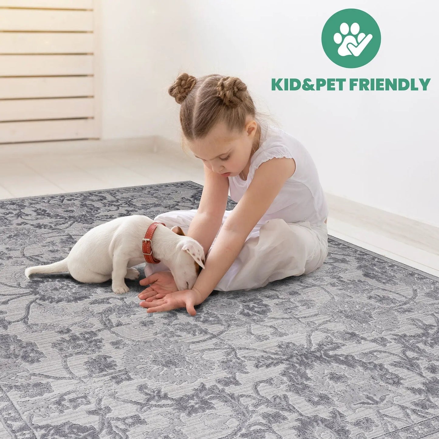 Marfi Trendy Oriental Area Rug, grey ornate pattern, kid & pet friendly on Tampa Home & Garden Store