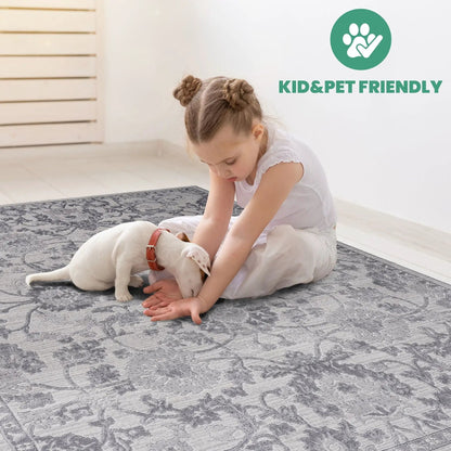 Marfi Trendy Oriental Area Rug, grey ornate pattern, kid & pet friendly on Tampa Home & Garden Store