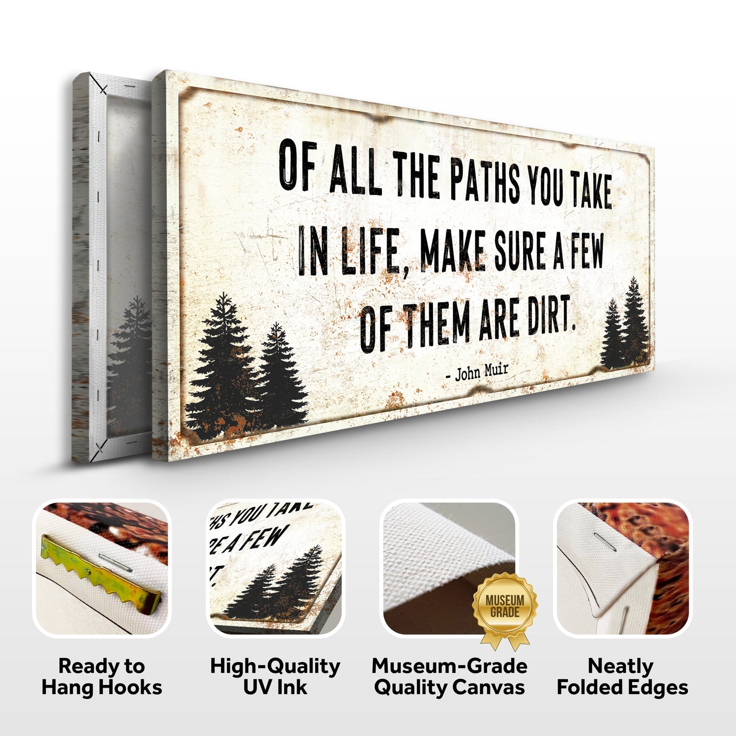 Canvas wall art by Tailored Canvases, rustic sign with pine silhouettes and life quote on Tampa Home & Garden Store