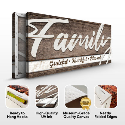 Grateful Thankful Blessed Family Sign III canvas by Tailored Canvases on rustic wood on Tampa Home & Garden Store