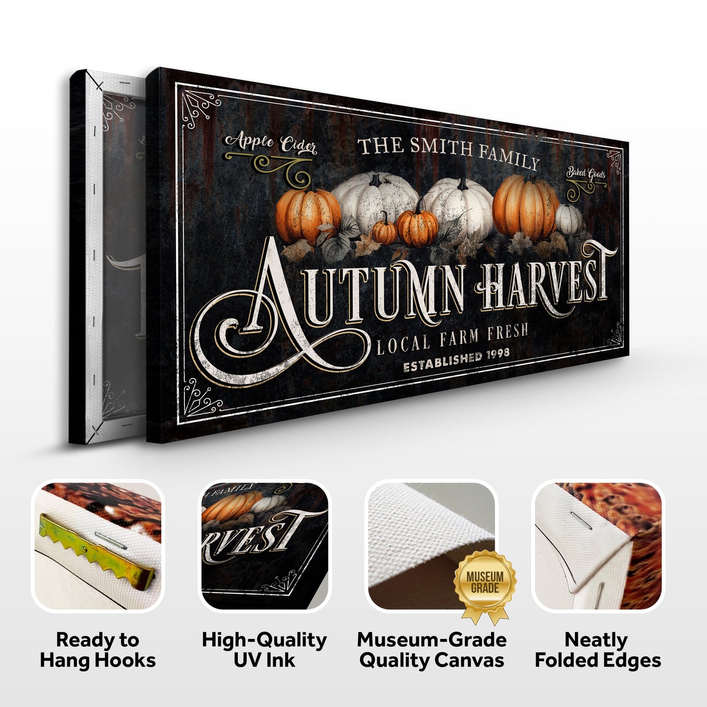 Family Thanksgiving Harvest Sign canvas by Tailored Canvases with pumpkins on a rustic backdrop on Tampa Home & Garden Store