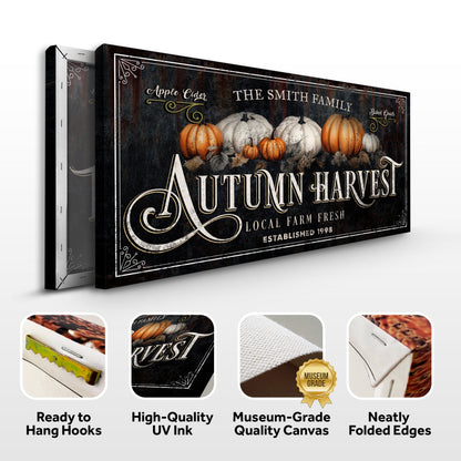 Family Thanksgiving Harvest Sign canvas by Tailored Canvases with pumpkins on a rustic backdrop on Tampa Home & Garden Store