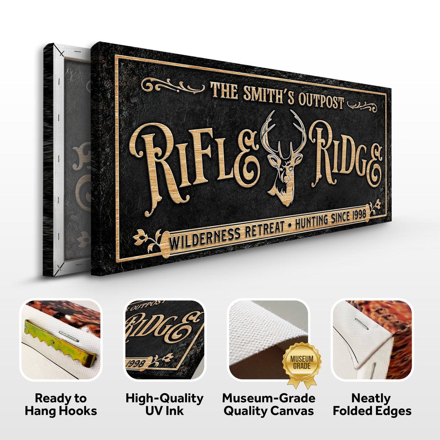 Personalized Rifle Ridge Family Sign Canvas by Tailored Canvases with gold lettering on Tampa Home & Garden Store