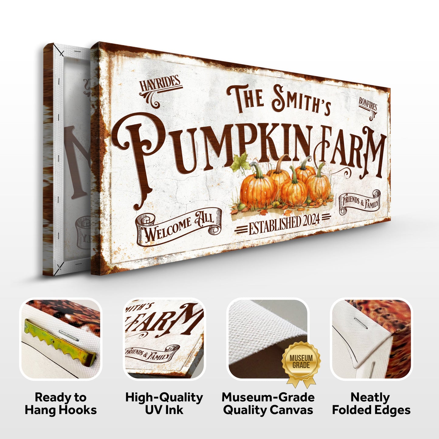 Personalized Pumpkin Farm Sign canvas with rustic edges and pumpkins on Tampa Home & Garden Store