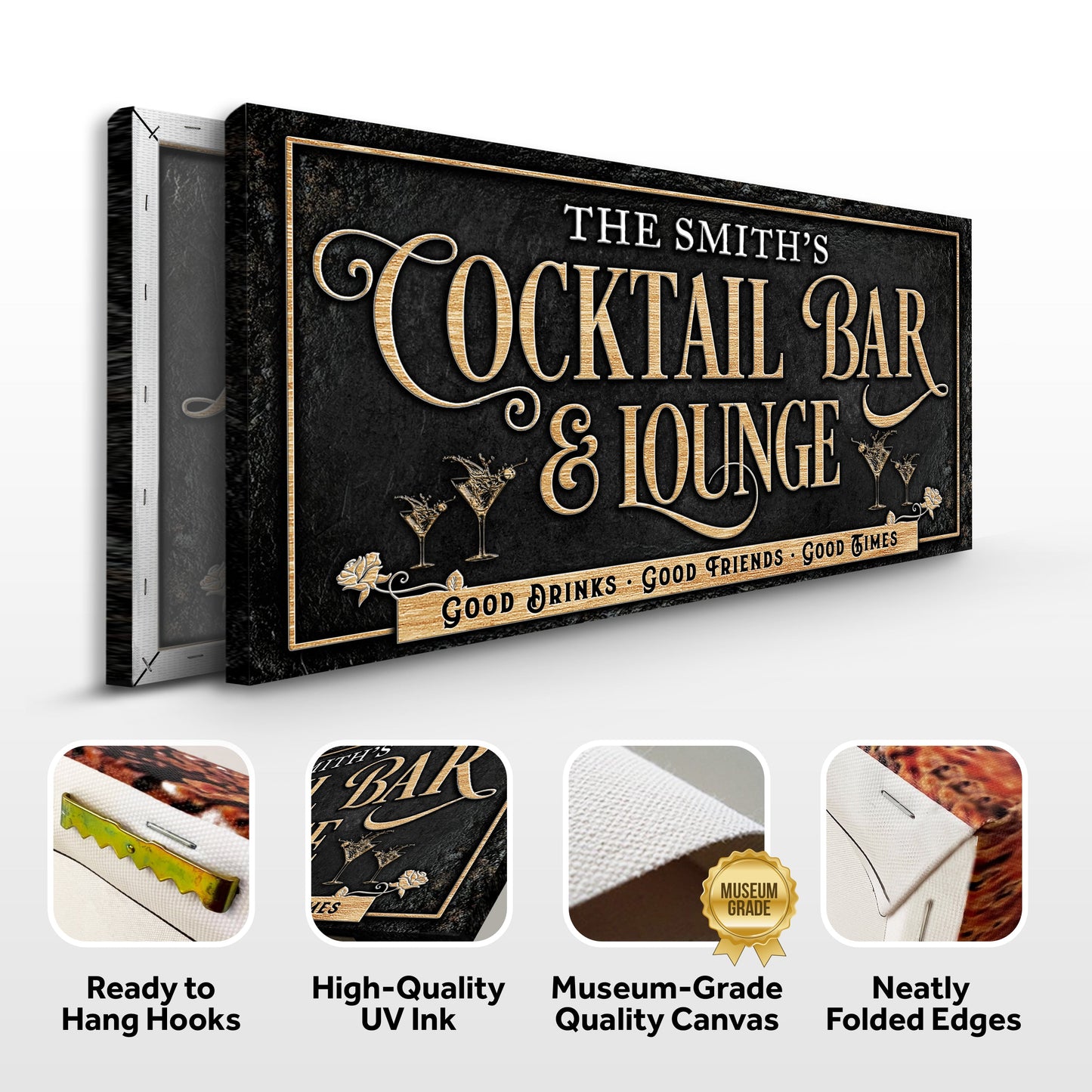 Cocktail Bar And Lounge Sign canvas by Tailored Canvases black textured backdrop with gold lettering 3 canvases on Tampa Home & Garden Store