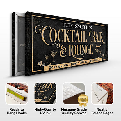 Cocktail Bar And Lounge Sign canvas by Tailored Canvases black textured backdrop with gold lettering 3 canvases on Tampa Home & Garden Store