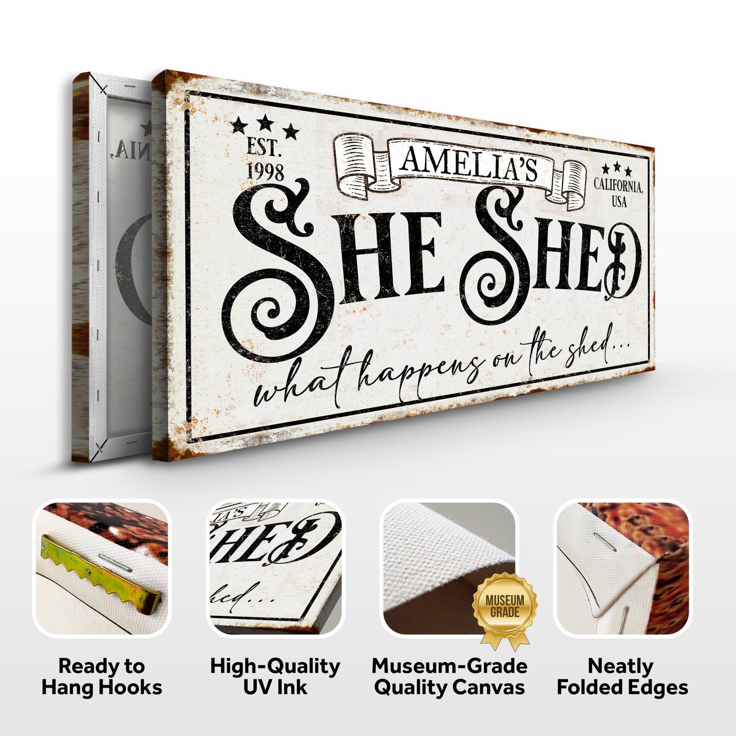 Personalized She Shed Sign IV canvas by Tailored Canvases with vintage distressed print on Tampa Home & Garden Store