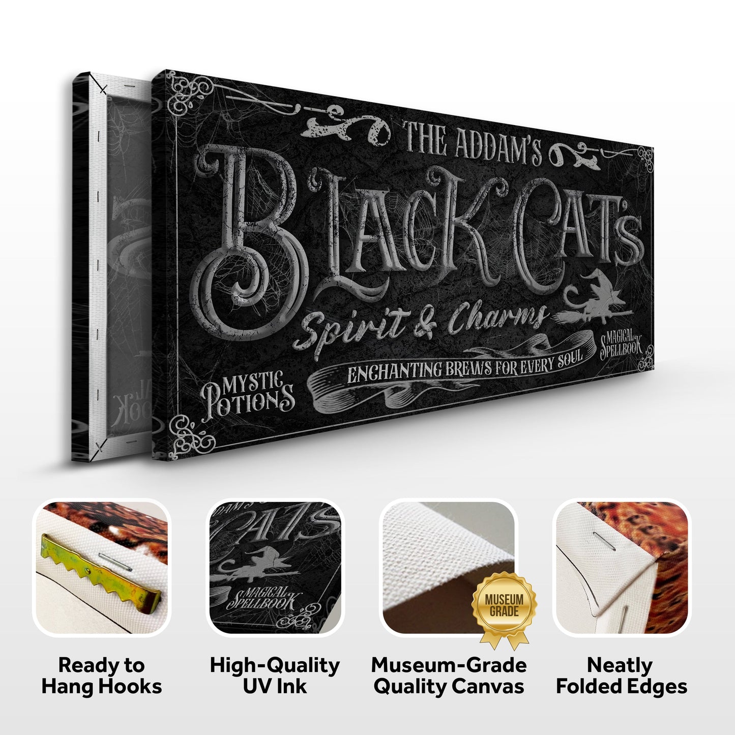 Black Cat's Spirits & Charms Halloween Sign II canvas with gothic lettering on black background on Tampa Home & Garden Store