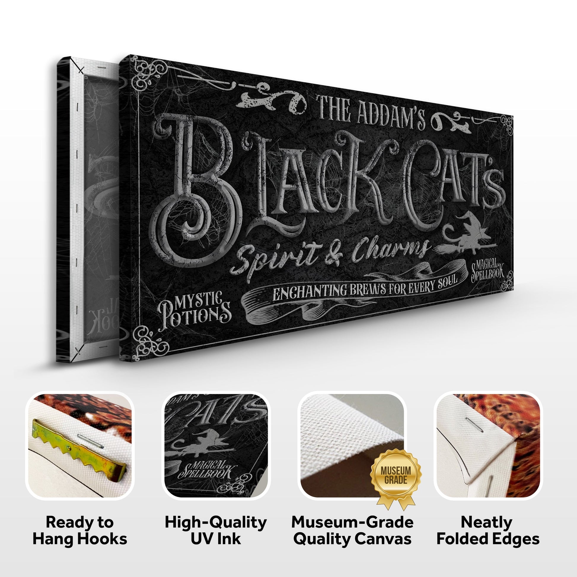 Black Cat's Spirits & Charms Halloween Sign II canvas with gothic lettering on black background on Tampa Home & Garden Store