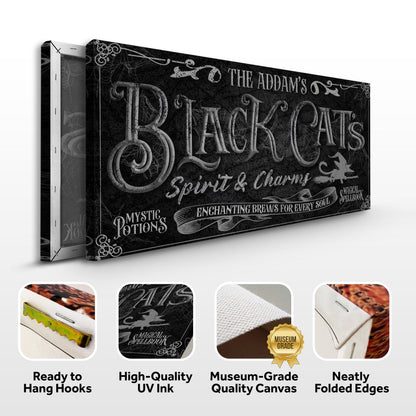 Black Cat's Spirits & Charms Halloween Sign II canvas with gothic lettering on black background on Tampa Home & Garden Store