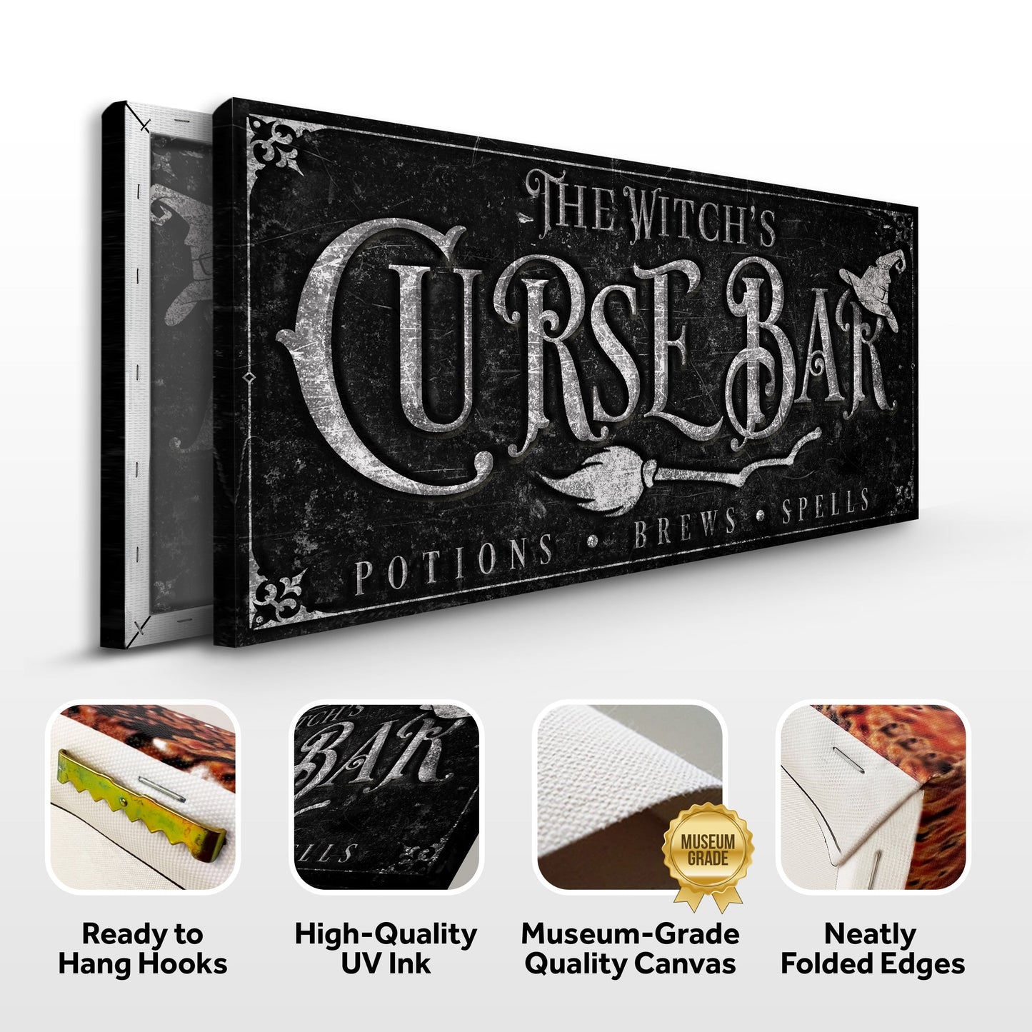 Canvas The Witch's Curse Bar Halloween Sign by Tailored Canvases, black distressed vintage design with ornate serif lettering crafting canvas on Tampa Home & Garden Store