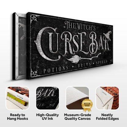 Canvas The Witch's Curse Bar Halloween Sign by Tailored Canvases, black distressed vintage design with ornate serif lettering crafting canvas on Tampa Home & Garden Store