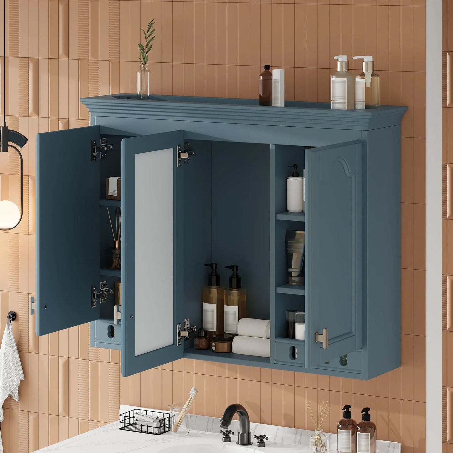 Wall Mount Mirror Cabinet with Adjustable Shelves and Soft Closing Hinges, blue finish on Tampa Home & Garden Store