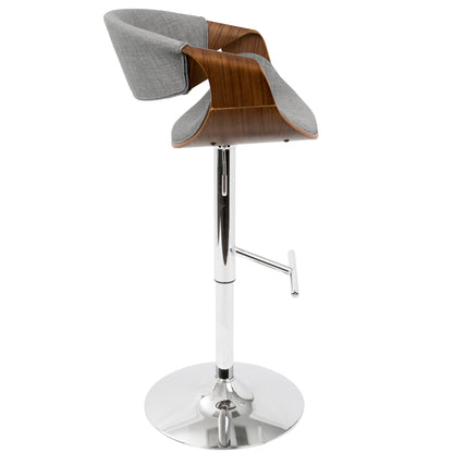 Mid Century Modern adjustable barstool with swivel, wood shell, grey cushions, chrome pedestal on Tampa Home & Garden Store