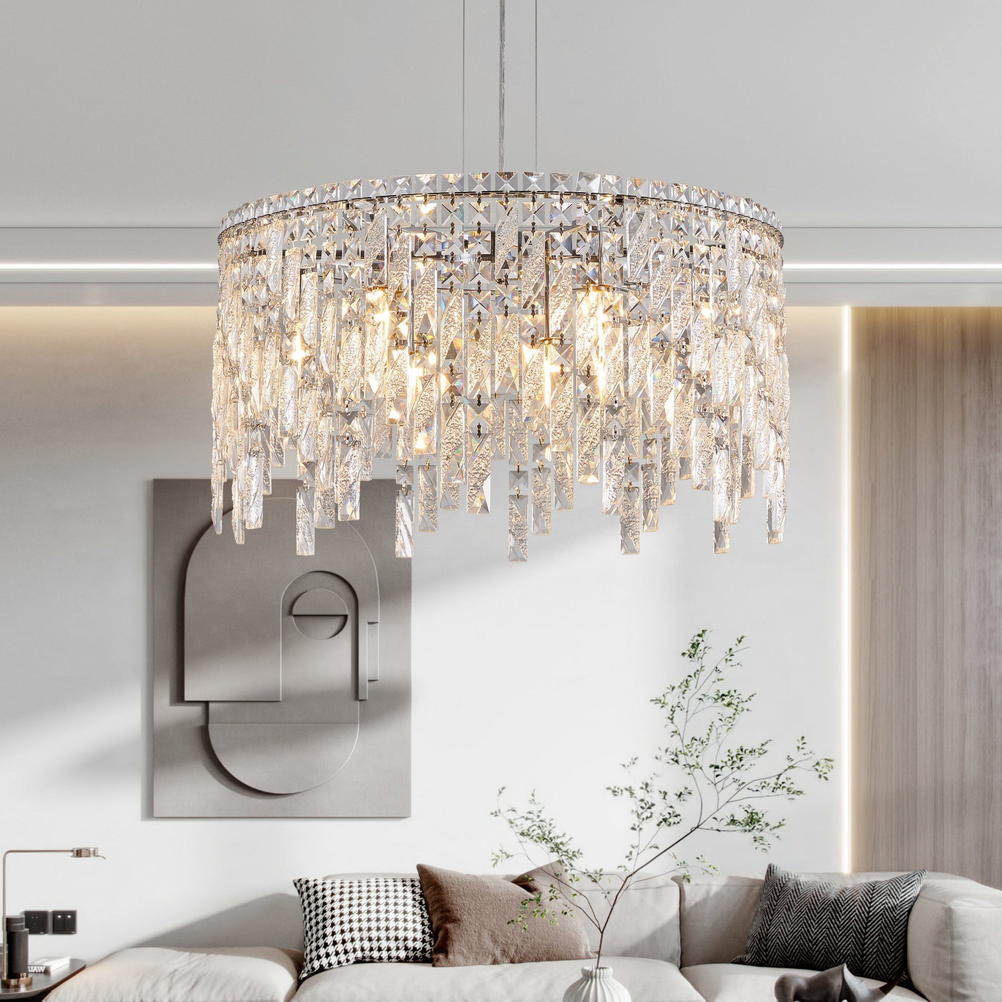 Chandelier 24-inch round silver crystal with hanging prisms on Tampa Home & Garden Store