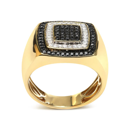 Men's 10K yellow gold ring with black and white diamond pave in layered square halo setting on Tampa Home & Garden Store