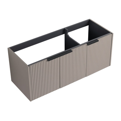 Contemporary wall-mounted wood vanity with ribbed taupe doors and dark top with soft-close on Tampa Home & Garden Store