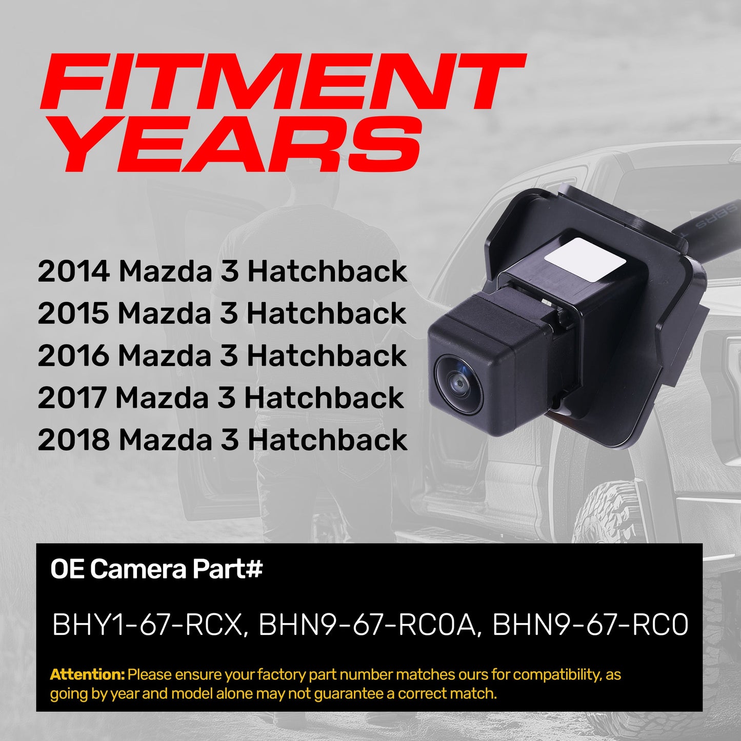 Mazda 3 Hatchback OEM backup camera by Master Tailgaters, BHY1-67-RCX/BHN9-67-RCOA on Tampa Home & Garden Store