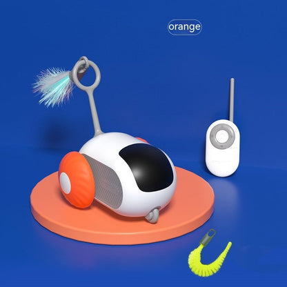 Remote control cat car toy with USB charging, white body, black window, orange wheels on Tampa Home & Garden Store