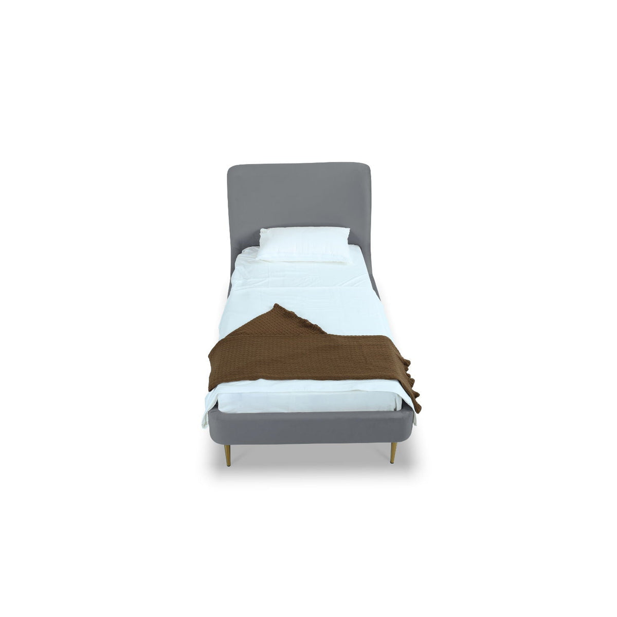 Mid-Century Modern Upholstered Bed With Curved Headboard gray fabric brown throw on Tampa Home & Garden Store