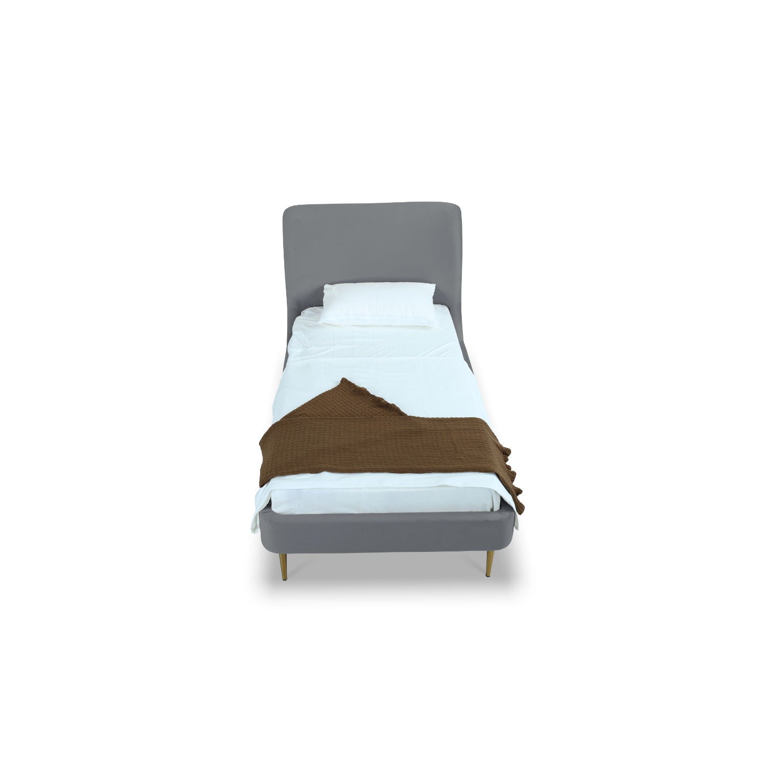 Mid-Century Modern Upholstered Bed With Curved Headboard gray fabric brown throw on Tampa Home & Garden Store