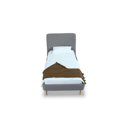 Mid-Century Modern Upholstered Bed With Curved Headboard gray fabric brown throw on Tampa Home & Garden Store