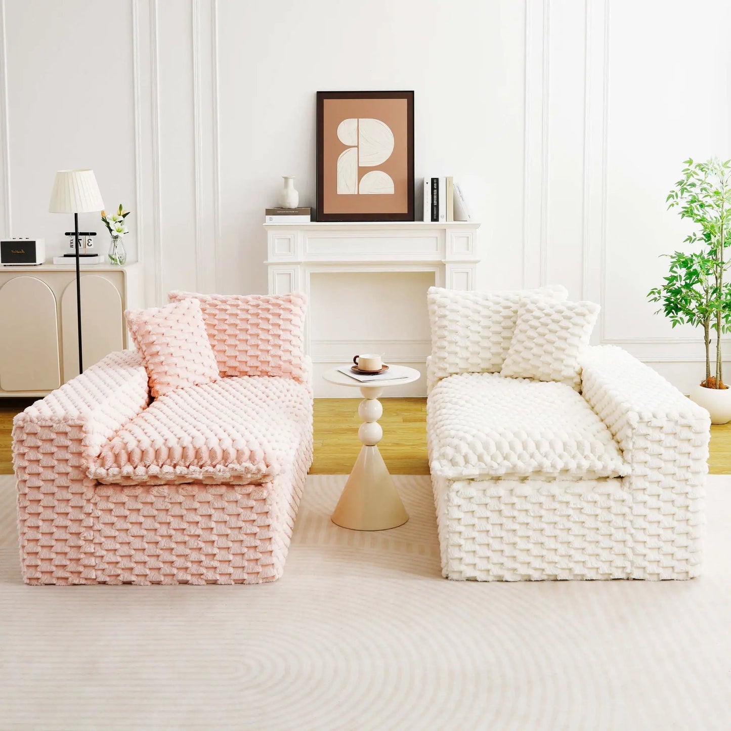 Multifunctional sofa set with two pink and white chunky knitted chairs in the living room on Tampa Home & Garden Store