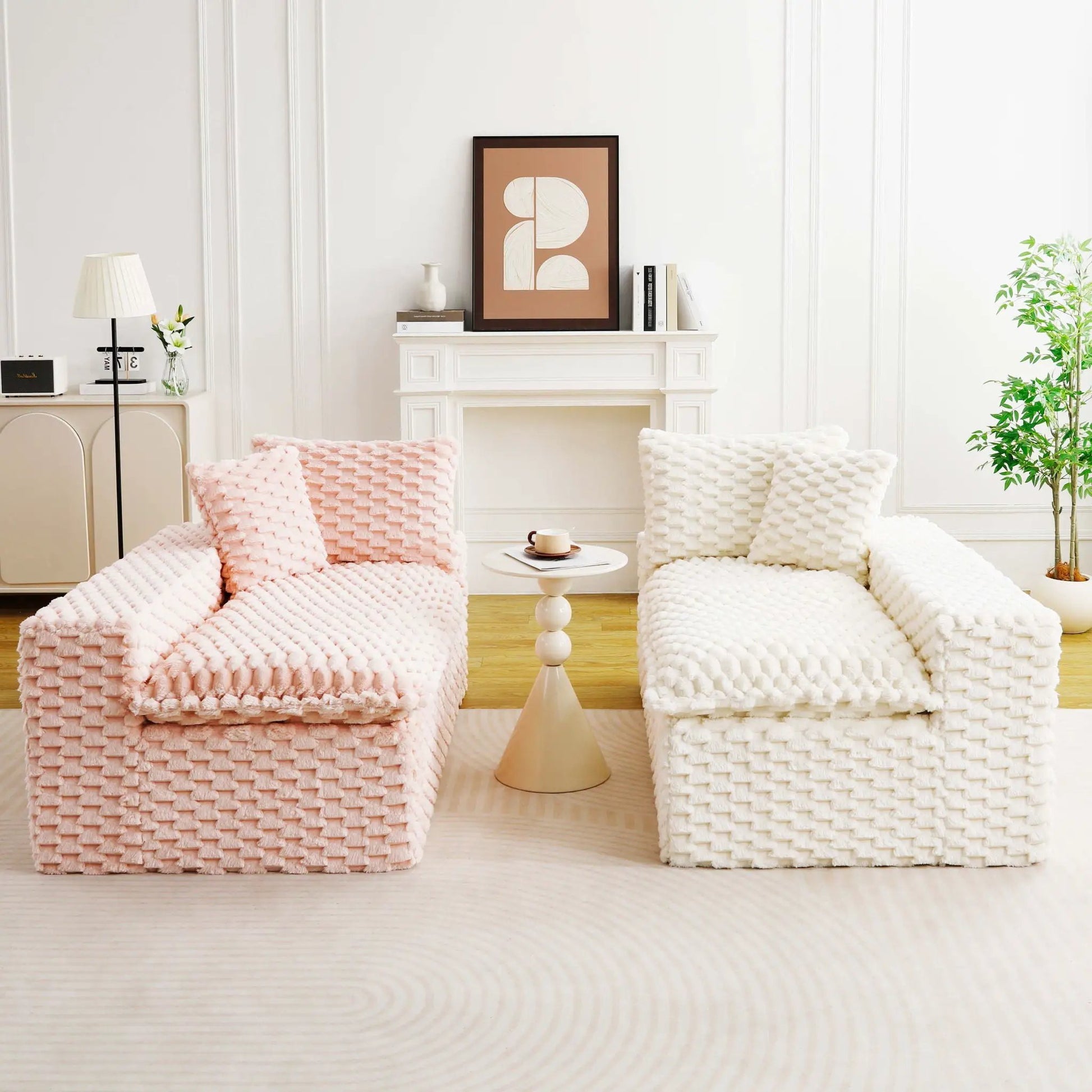 Multifunctional sofa set with two pink and white chunky knitted chairs in the living room on Tampa Home & Garden Store