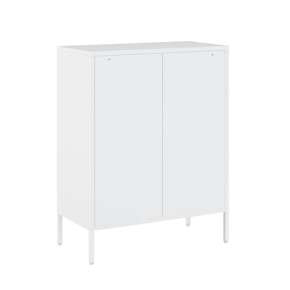 Accent cabinet with adjustable shelves in white steel finish two-door front on slim raised legs on Tampa Home & Garden Store