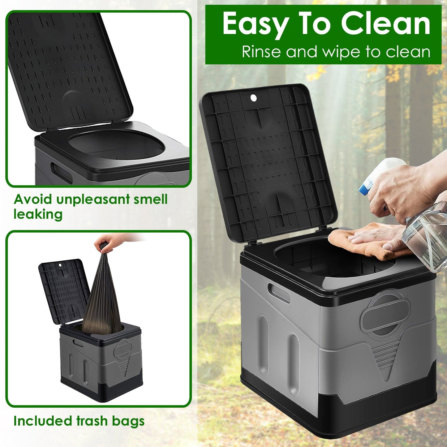GemGear portable camping toilet with lid open, foldable design, carry bag and trash bags on Tampa Home & Garden Store