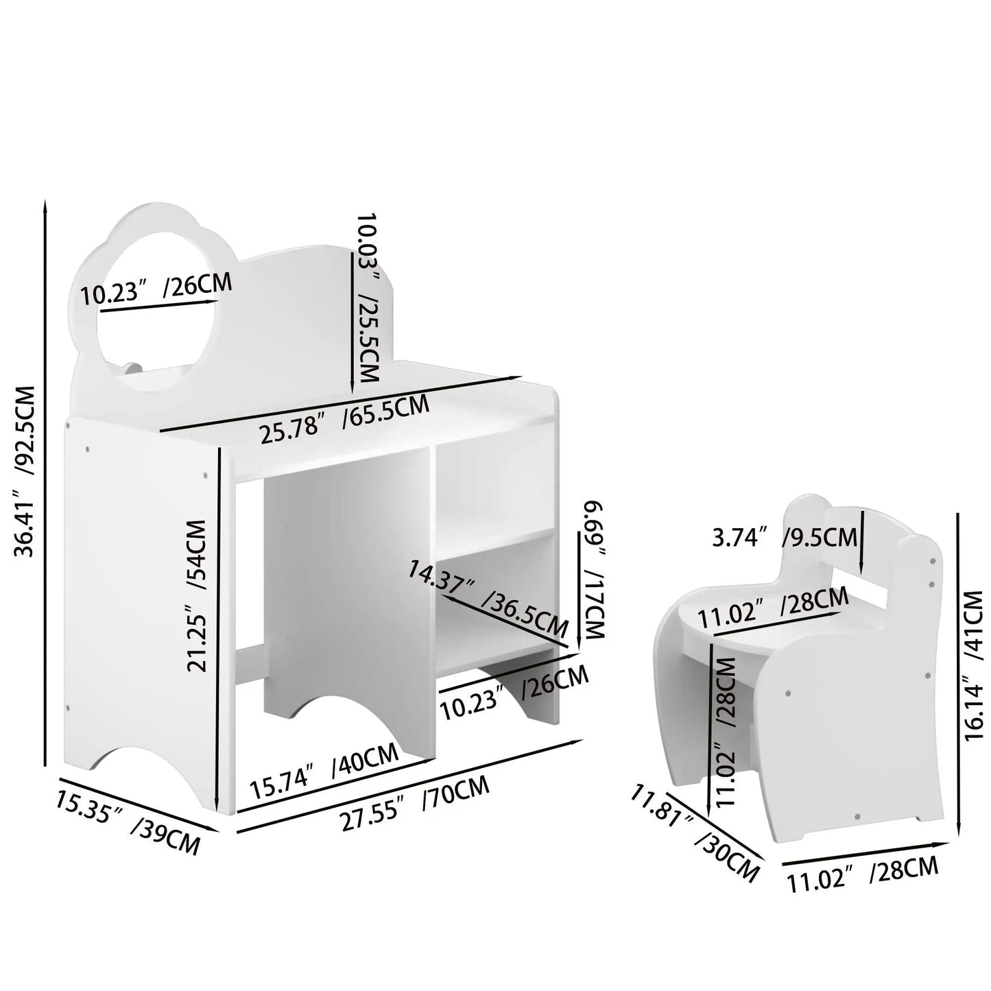 Kids vanity table with mirror and chair in white with storage shelves, Unique Piece Furniture on Tampa Home & Garden Store