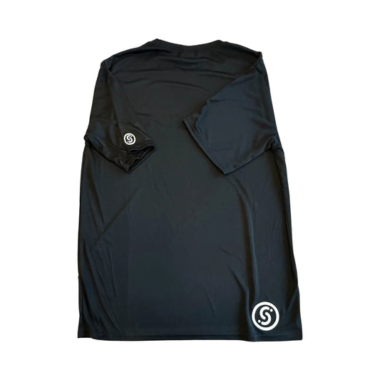 Slyce Sport black tee with small white circular logo at sleeve hem on Tampa Home & Garden Store