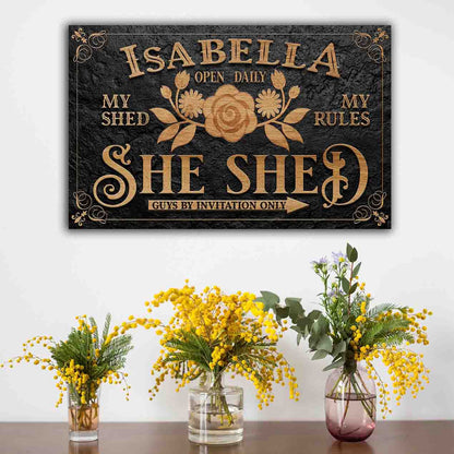 Personalized She Shed Sign canvas by Tailored Canvases, black with gold floral lettering on Tampa Home & Garden Store