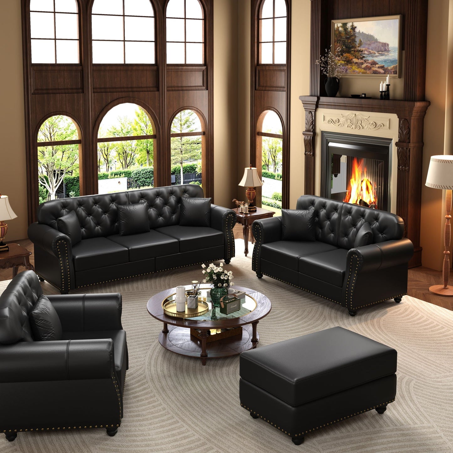 Upholstered Sofa with Nailhead and Ottoman