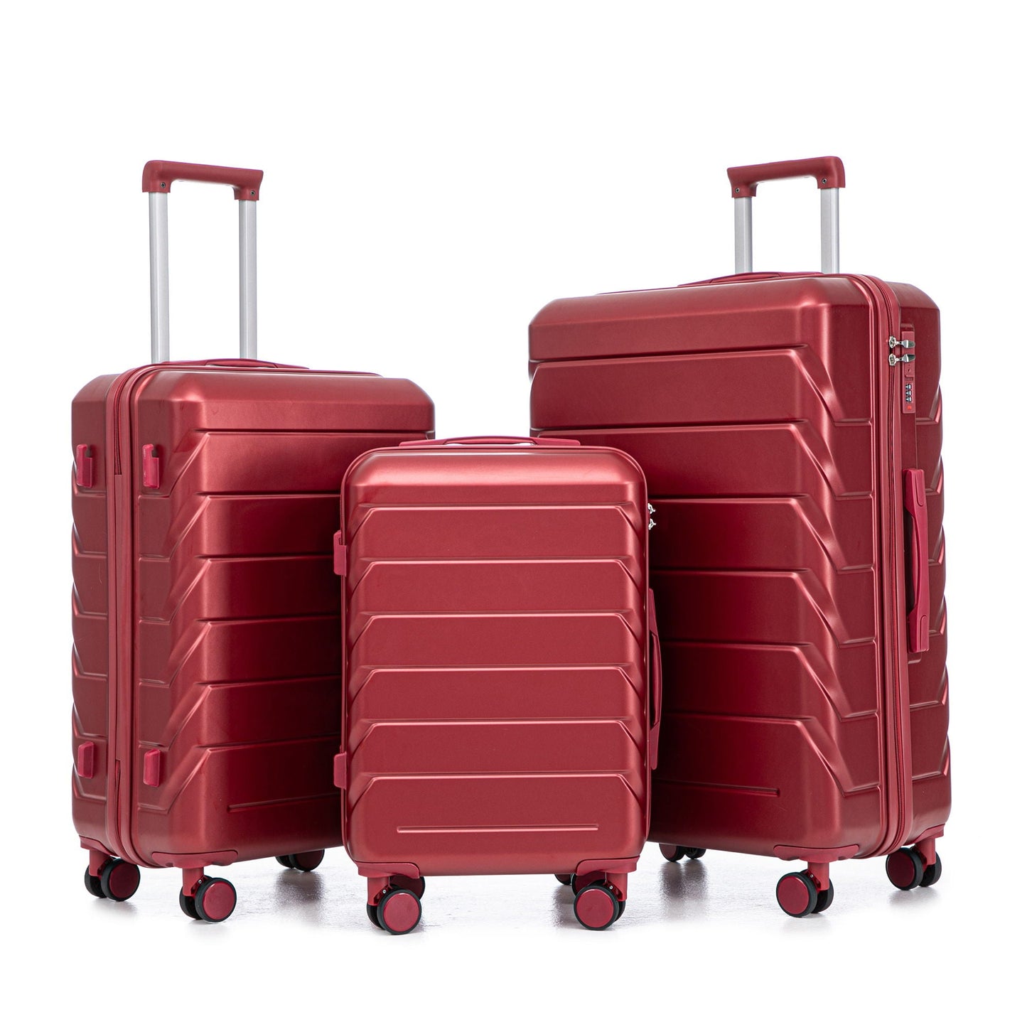Three-piece red spinner luggage set with 20/24/28 in sizes and combo locks on Tampa Home & Garden Store