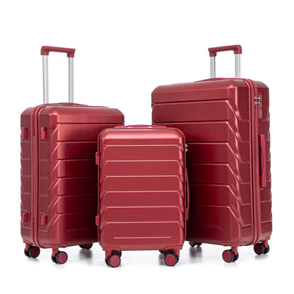 Three-piece red spinner luggage set with 20/24/28 in sizes and combo locks on Tampa Home & Garden Store