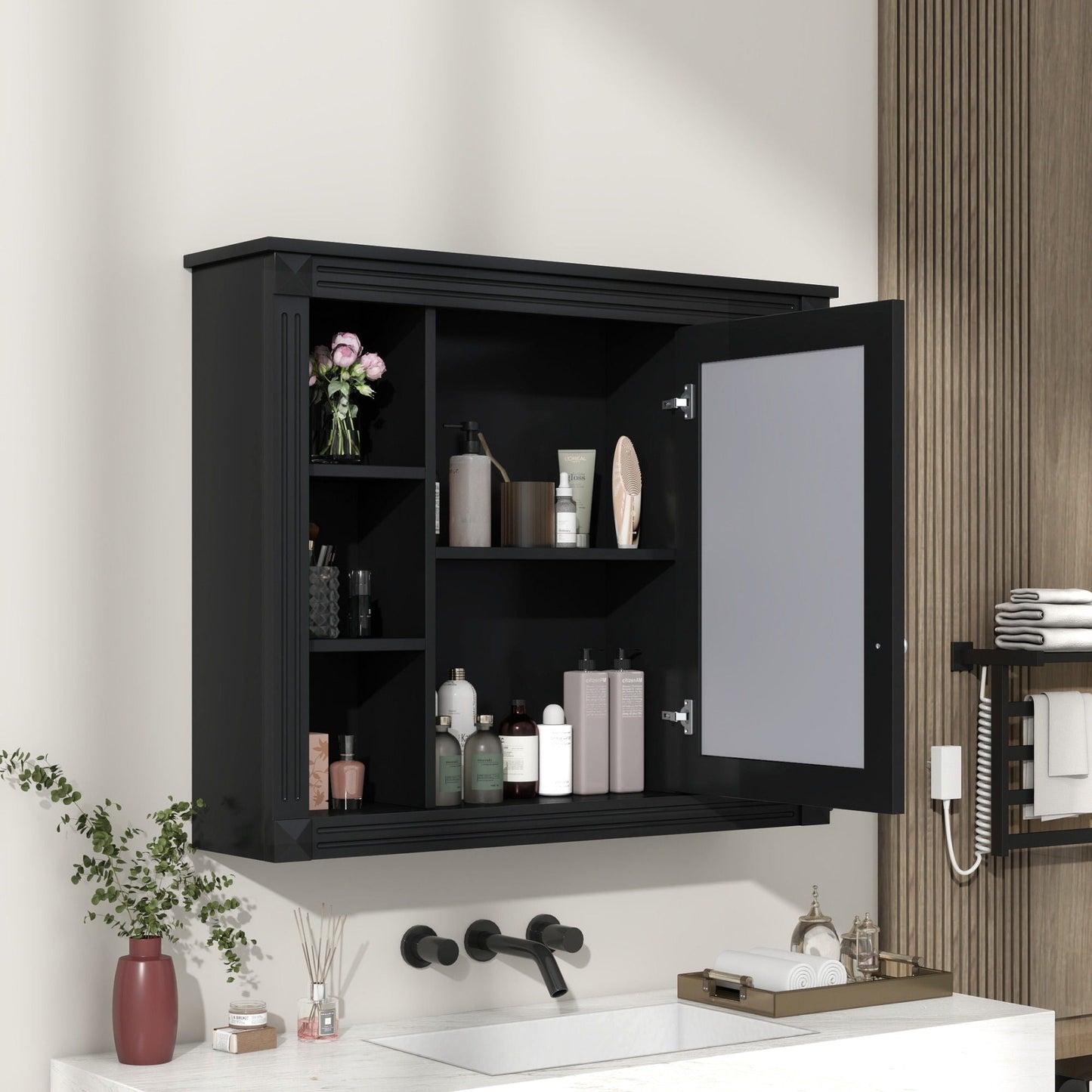 Black Wall Cabinet with Mirror and Open Shelves